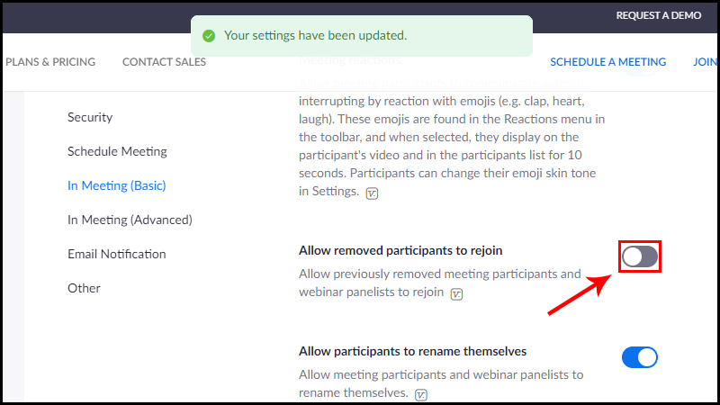 Tắt mục Allow removed participants to rejoin